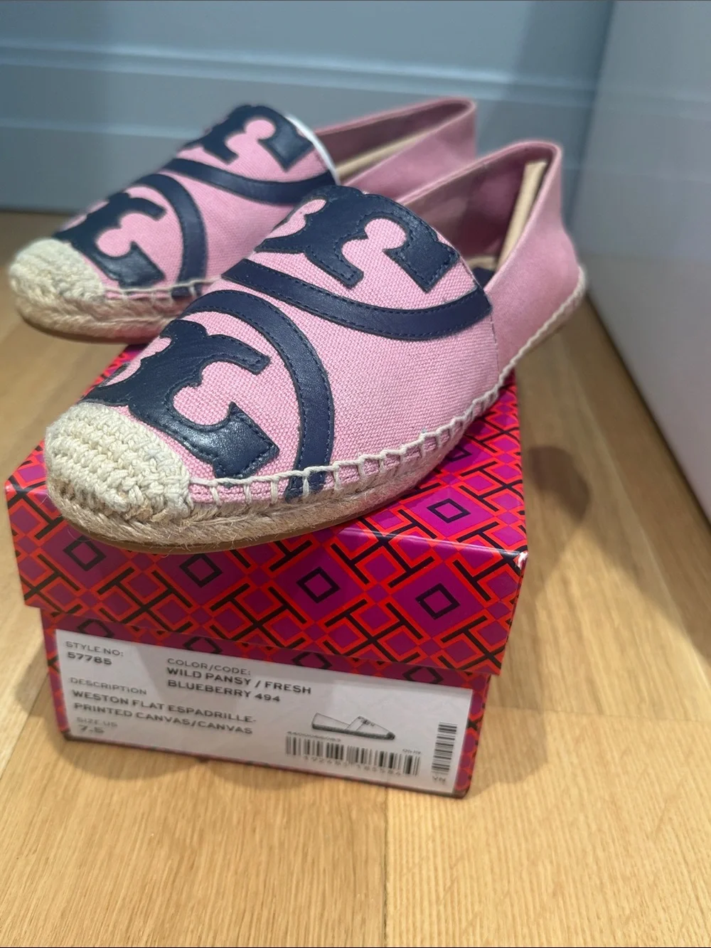 Tory Burch Pink Canvas Espadrilles with Navy Logo Medallion
